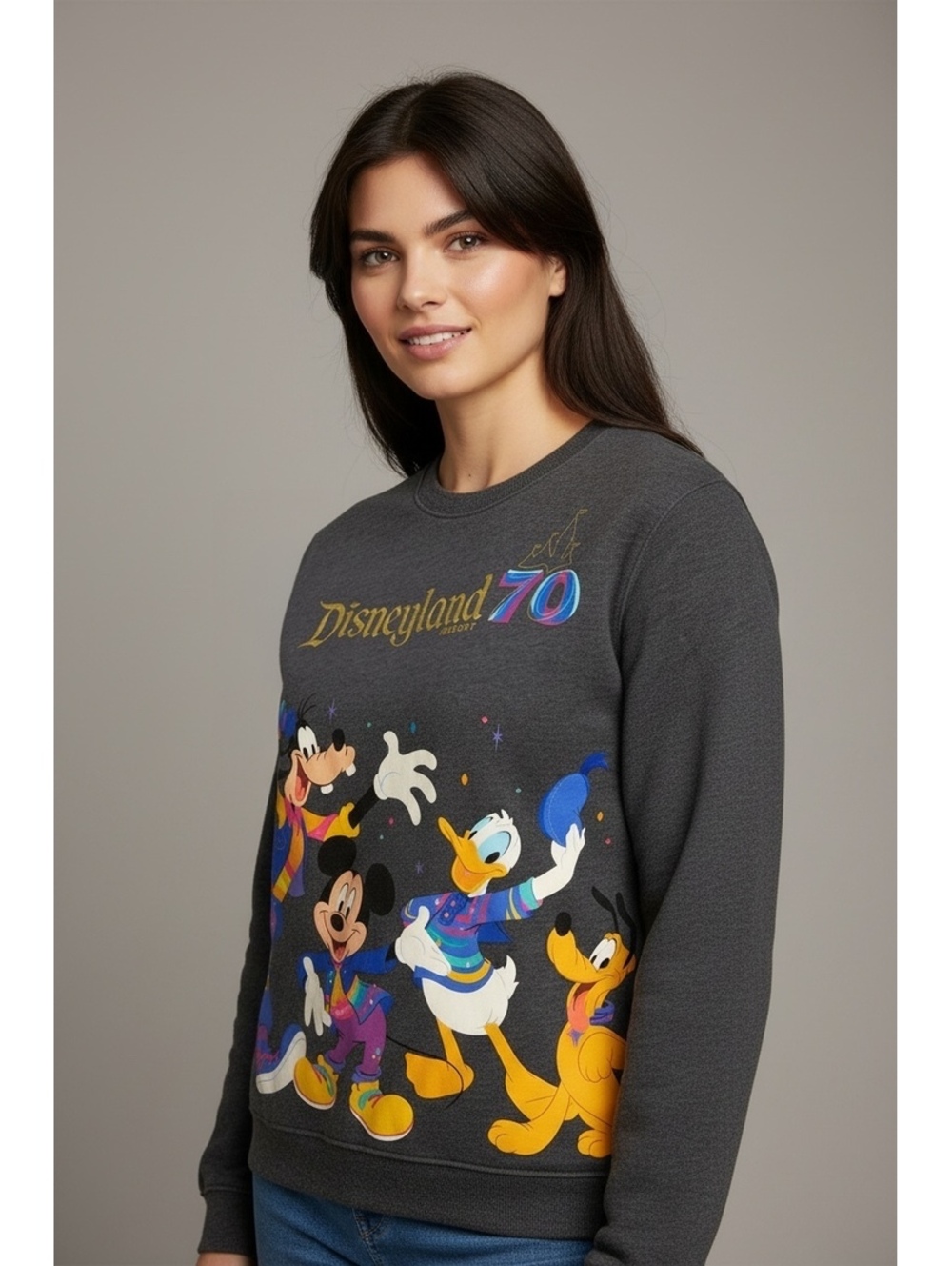 Disneyland 70th Anniversary Gray Crewneck Sweatshirt with Mickey, Donald, Goofy,